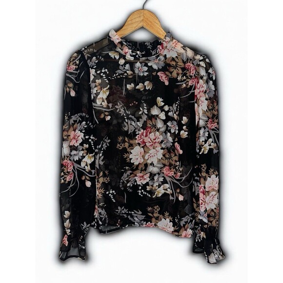 Womens Floral Sheer Blouse Black Long Sleeve Ruffle Neck Romantic Top Small - Picture 1 of 16